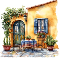 Mediterranean Patio Scene Watercolor Painting of a Charming Yellow House with Outdoor Seating.
