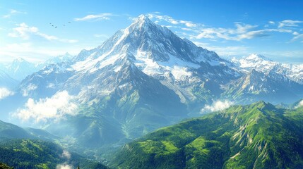 Fototapeta premium Majestic alpine panorama. Lush green valleys nestled below a snow-capped mountain peak, under a vibrant blue sky