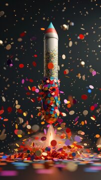 Colorful rocket launch amidst confetti explosion on dark background