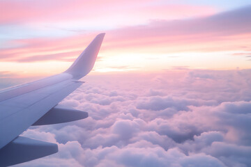 Obraz premium a photograph of an airplane wing flying above the clouds, with a beautiful pastel sky in shades of pink and purple. the view is from inside the plane,