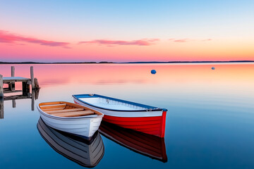 Fototapeta premium Two boats floating on calm lake at colorful sunset, peaceful scene evoking stillness, serenity and natural beauty
