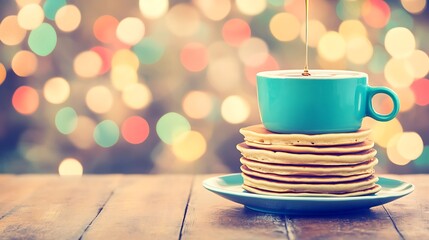A stack of pancakes supporting a teal cup with liquid being poured