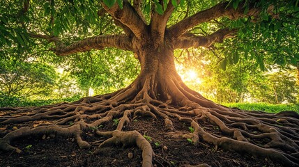 Majestic tree with sprawling roots and sunlight.
