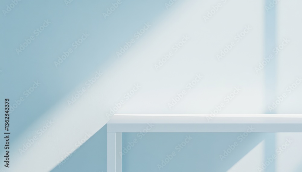Poster white shelf against a light blue wall with subtle shadow and light