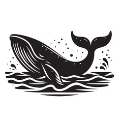 Black Color Whale Silhouette Vector Illustration, Solid White Background