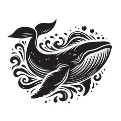 Black Color Whale Silhouette Vector Illustration, Solid White Background