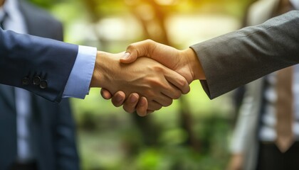 Close-up shot of two individuals extending their hands and shaking in a gesture of agreement or friendship