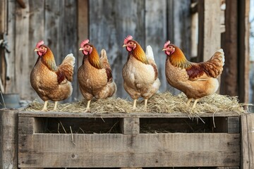 A group of chickens standing on top of a pile of hay, ready to scratch and peck