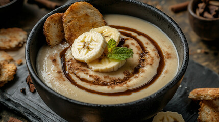 Creamy banana dessert topped with banana slices, mint, syrup, and toast in a rustic black bowl on dark background