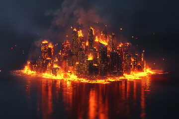 Naklejka premium A fiery city engulfed in flames at night, reflecting on the water, creating a dramatic scene