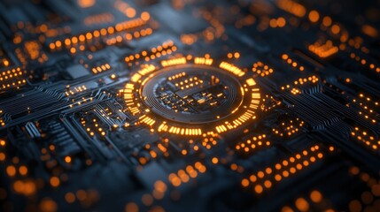 Circuit board, glowing central chip, technological, futuristic design, close-up