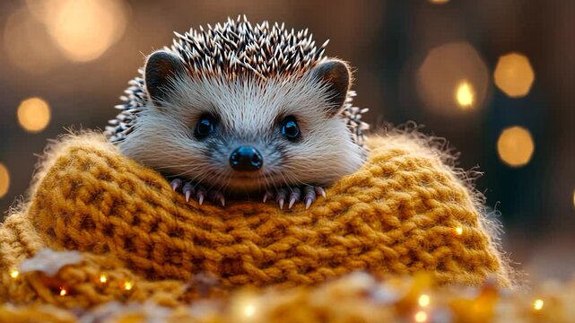 Adorable hedgehog nestled in a cozy knitted blanket among autumn leaves
