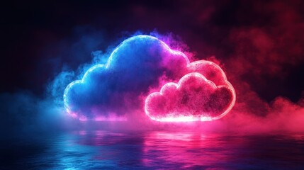 Obraz premium Neon cloud shapes in a smoky, dark studio