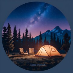 Digital matte painting with a night camping in a circle. With the inscription "Happy weekend".