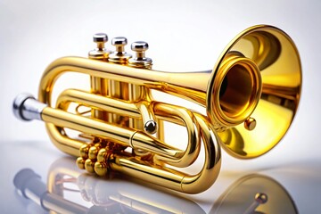 Obraz premium Golden Yellow Cornet: Classic Charm Musical Instrument on White Background - Low Light Photography