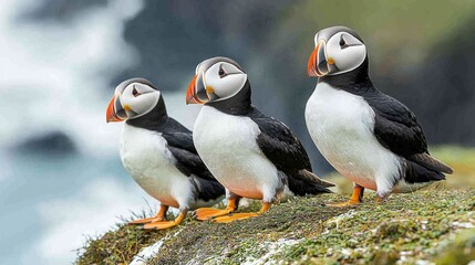 Three Atlantic puffins perched on a cliff overlooking the ocean.