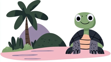 Obraz premium Friendly Cartoon Turtle on Pink Beach with Palm Tree