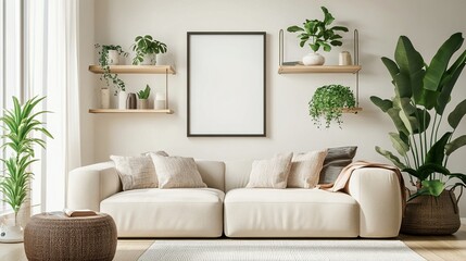 3D rendering of a living room interior, a beige sofa, a blank poster frame, and potted plants on a shelf, Natural light, cozy home decor concept,  modern design and nature