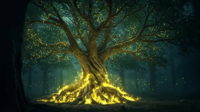Majestic ancient tree glowing with mystical energy in a nighttime forest, surrounded by swirling fireflies and soft ethereal mist