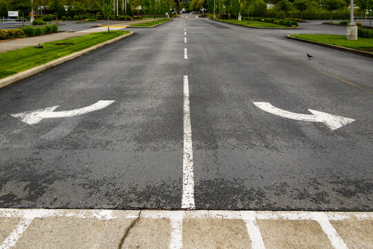 Two directional Arrow symbols curving left and right away from each other on a road surface.