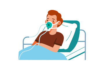 A patient using an oxygen therapy mask in a hospital room, isolated on white background.

