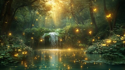 Enchanting waterfall in a mystical forest, illuminated by glowing butterflies and fireflies