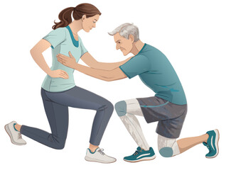 Obraz premium A physical therapist helping a patient with knee rehabilitation exercises, isolated on white background. 