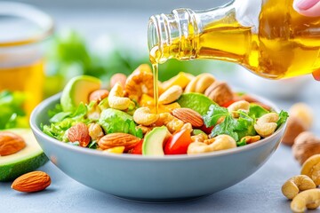 Ensalada fresca con aguacates, nueces y un toque de aceite de oliva en un ambiente saludable