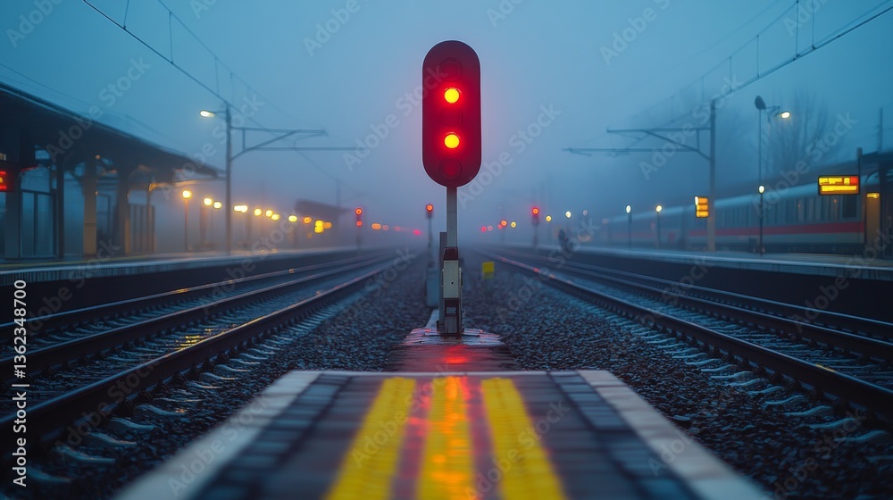 Poster Red signals indicate halted transport as workers perform inspection and surveillance at a fog enshrouded railway station in the early morning with low visibility.