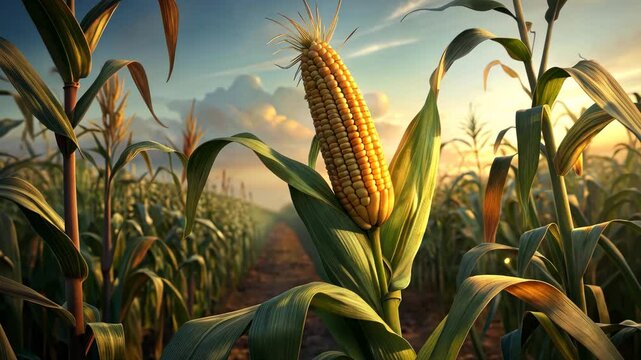 Vibrant Cornfield at Sunset Serene Scene of Single Corn Stalk with Golden Kernels and Lush Green Leaves in Abundant Sunlight, Evoking Picturesque Agricultural Atmosphere