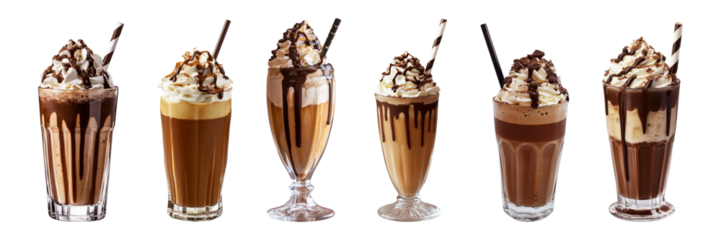 frappe with whipped cream and chocolate syrup in a long glass isolated on a transparent or white background, cut out, PNG