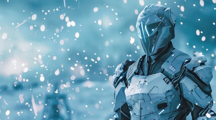 Cybernetic Sentinel in Snowfall: A futuristic soldier stands stoically in a snow-covered landscape, adorned in advanced armor and helmet, under a gentle flurry of snowflakes.