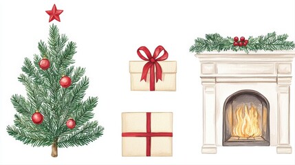 Festive christmas tree, gifts, and cozy fireplace