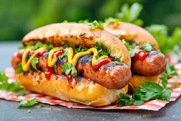 Close-up de un hot dog americano con condimentos y vegetales frescos en un ambiente al aire libre