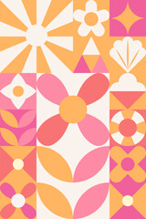 Geometric background of summer symbols made of squares in warm colors,seamless pattern. Vector illustration