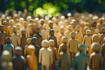 Fototapeta premium A group of wooden figurines stand together in an open field, possibly for display or decoration