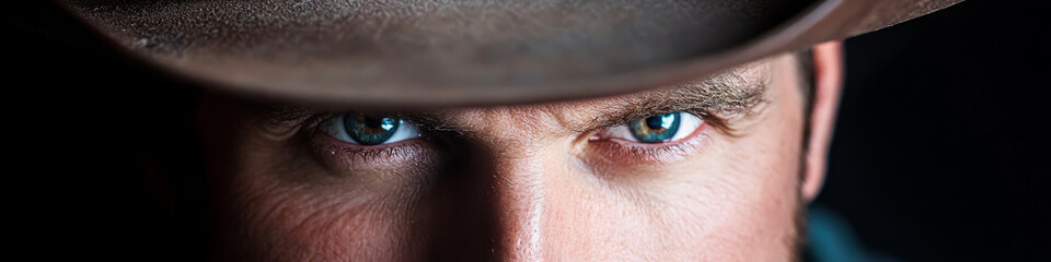 Close up of intense cowboy eyes under hat brim, exuding determination and focus.