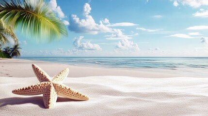 Starfish on the white sand of the beach, palm trees and a blue sky background, summer vacation concept, Detailed illustration, sunny day, natural lighting, bright atmosphere, simple design, relaxing
