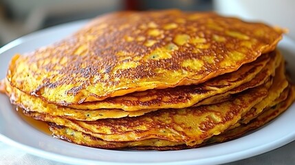 A stack of golden pancakes presented on a clean white plate