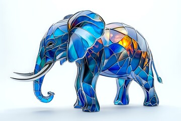 Geometric elephant in vibrant blue stained glass style with mosaic pattern and crystalline fragments creating modern artistic interpretation against white background.