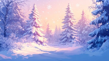 Winter Landscape with Snow-Covered Trees, Falling Snowflakes, and Warm Sunrise Glow