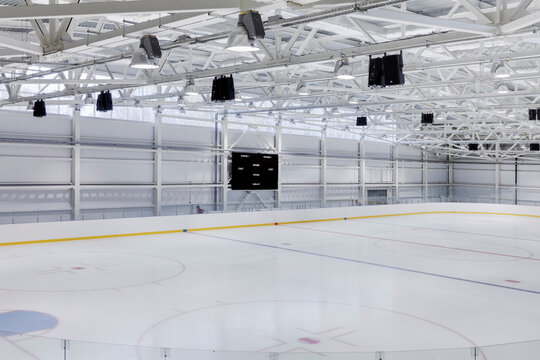 Interior view of an ice rink with ice hockey markings
