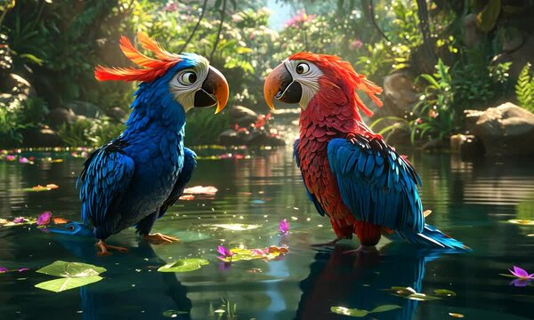 Two colorful animated parrots from the "Rio" movie, standing in a tranquil jungle pond.