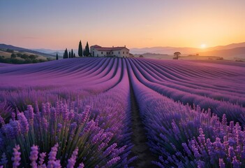 Obraz premium Lavender field with farmhouse at sunset in countryside landscape 