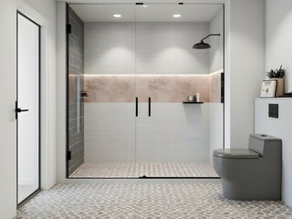 Contemporary bathroom design, glass shower enclosure, muted gray and peach color scheme, marble accent wall, minimalistic decor, stylish gray toilet, recessed lighting, sleek and modern space