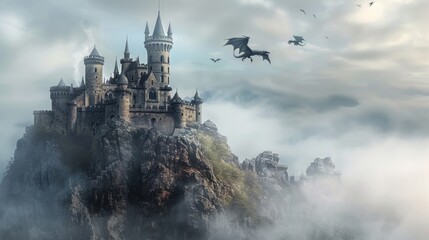 Naklejka premium Mystic Realm: A majestic castle crowns a misty mountain, its towers reaching into a sky veiled in soft clouds, dragons fly in a magical realm.