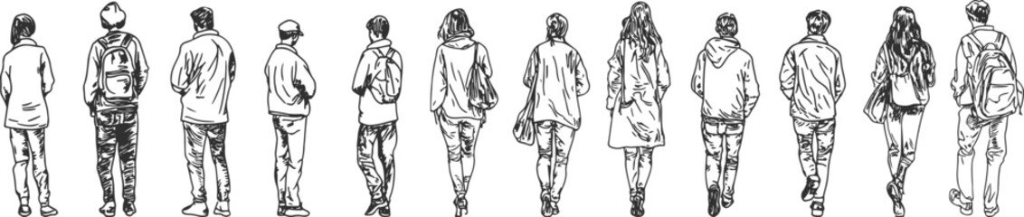 Stylish vector illustration of diverse individuals walking away, embodying themes of unity, journey, and urban life. Ideal for editorial and marketing projects, emphasizing community and movement.