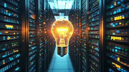 Innovative digital environment showcasing a glowing light bulb surrounded by server racks to symbolize creativity and technology integration - Powered by Adobe