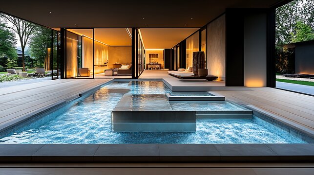Luxurious contemporary home featuring a beautiful illuminated swimming pool