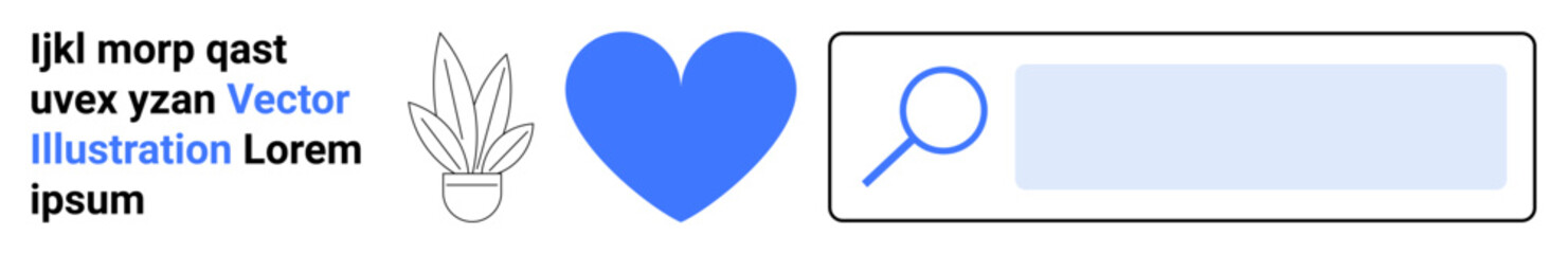 Blue heart, plant in pot, magnifying glass on search bar, and placeholder text enhance conceptual design. Ideal for tech, love, nature, search, minimalism creativity flat landing page banner